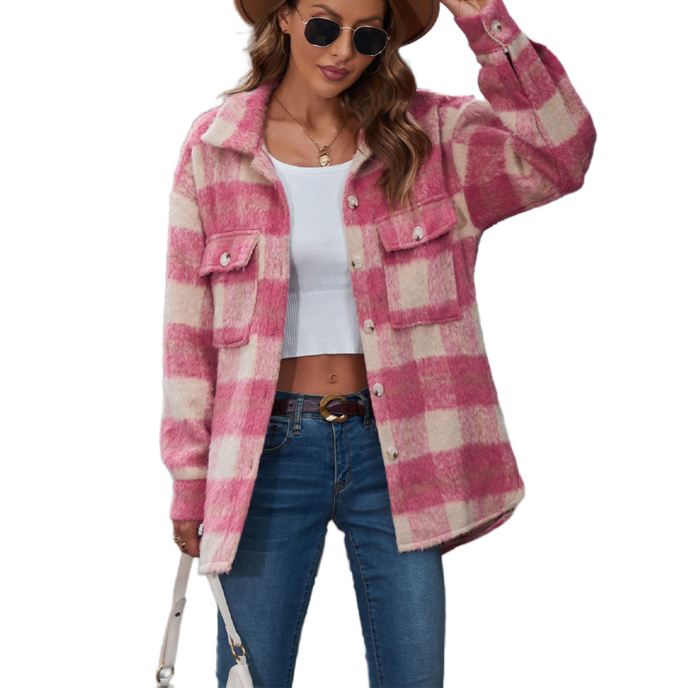 YESFASHION Plaid Mohair Coat Woolen Thick Coats