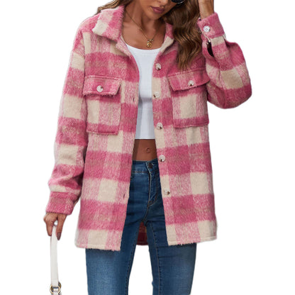 YESFASHION Plaid Mohair Coat Woolen Thick Coats
