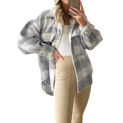 YESFASHION Plaid Mohair Coat Woolen Thick Coats