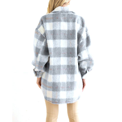 YESFASHION Plaid Mohair Coat Woolen Thick Coats