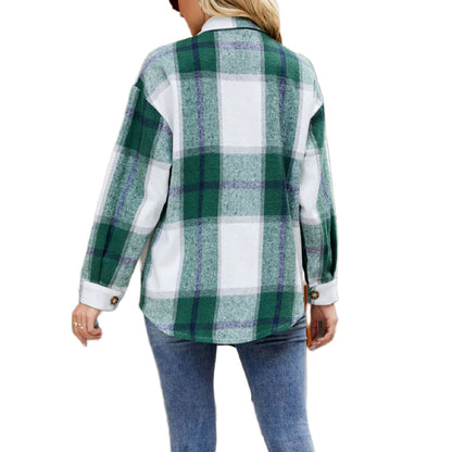 YESFASHION Ladies Plaid Jacket Casual Loose Pocket Shirt Tops