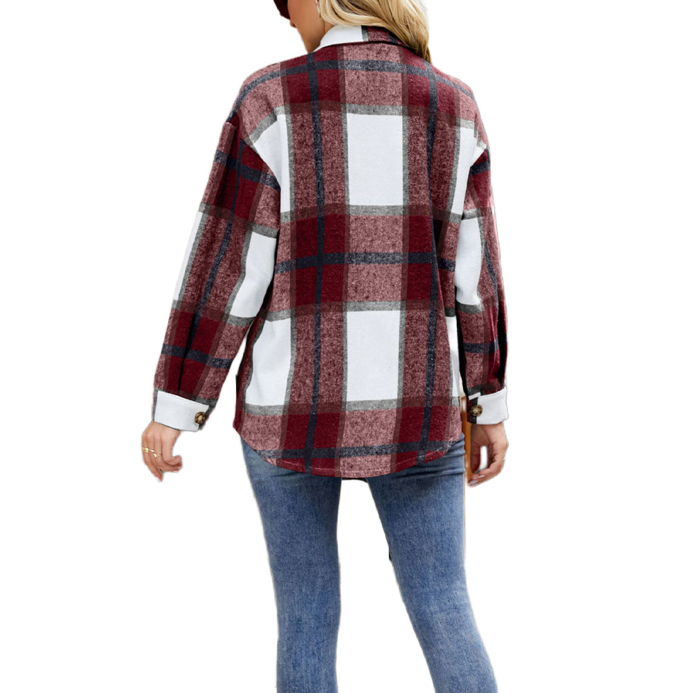 YESFASHION Ladies Plaid Jacket Casual Loose Pocket Shirt Tops
