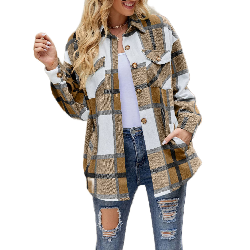 YESFASHION Ladies Plaid Jacket Casual Loose Pocket Shirt Tops