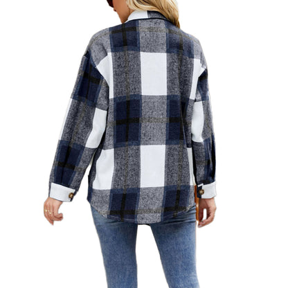 YESFASHION Ladies Plaid Jacket Casual Loose Pocket Shirt Tops