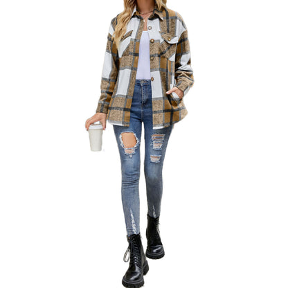YESFASHION Ladies Plaid Jacket Casual Loose Pocket Shirt Tops