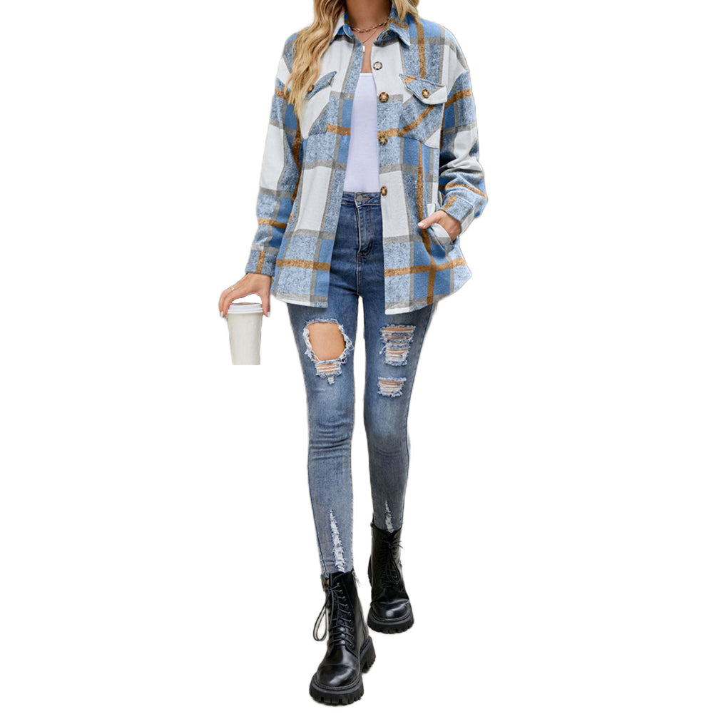 YESFASHION Ladies Plaid Jacket Casual Loose Pocket Shirt Tops