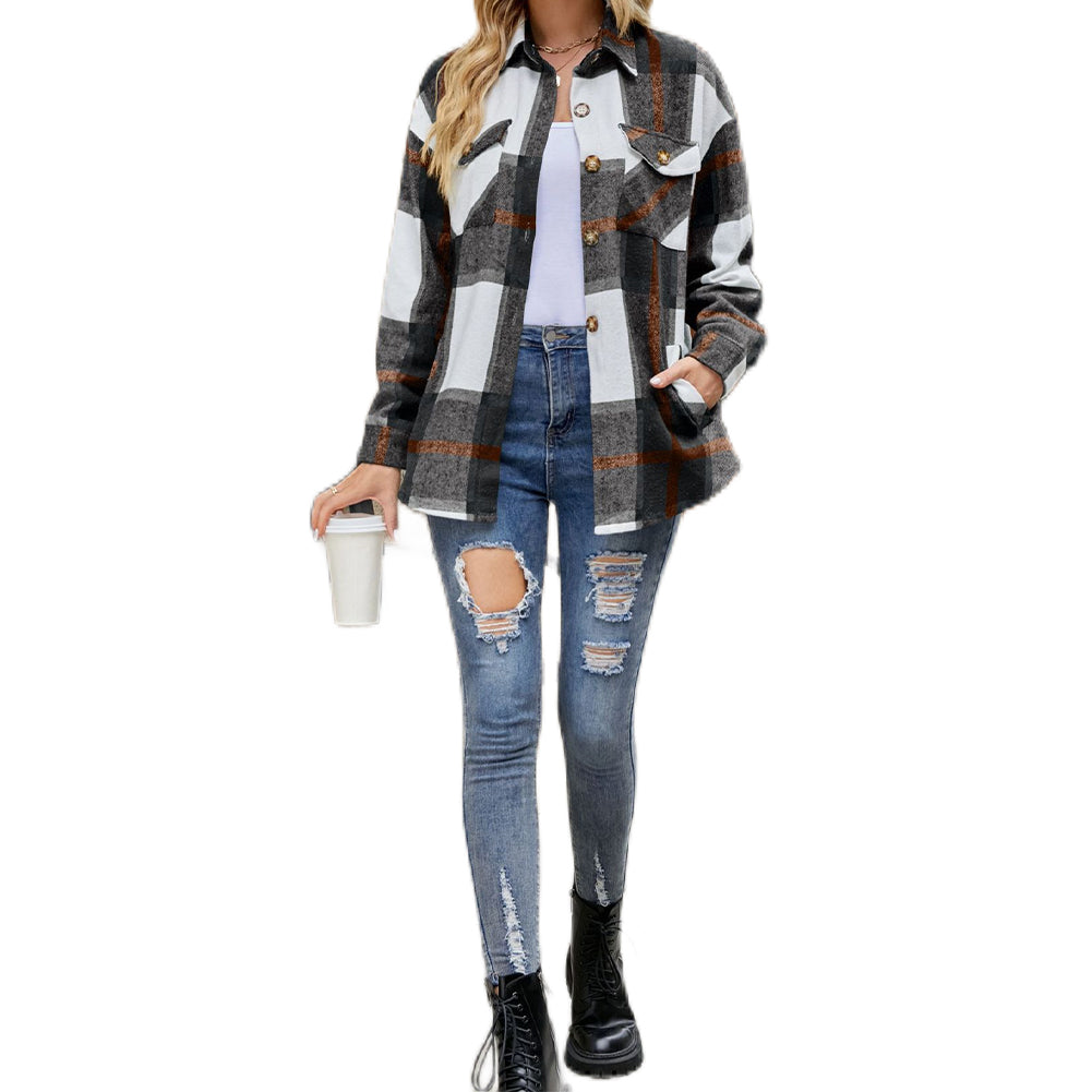 YESFASHION Ladies Plaid Jacket Casual Loose Pocket Shirt Tops