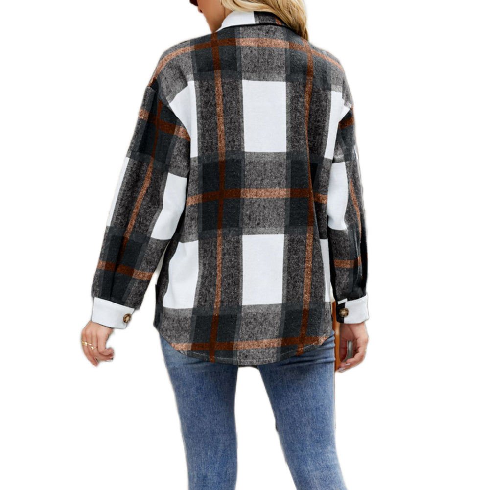 YESFASHION Ladies Plaid Jacket Casual Loose Pocket Shirt Tops