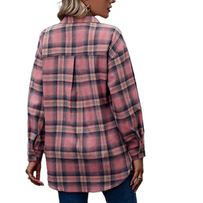YESFASHION Ladies Casual Loose Boyfriend Plaid Shirt Tops