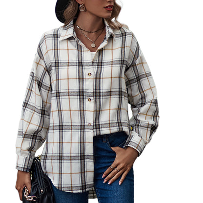 YESFASHION Ladies Casual Loose Boyfriend Plaid Shirt Tops