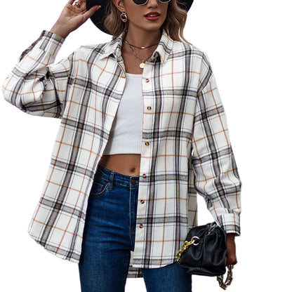 YESFASHION Ladies Casual Loose Boyfriend Plaid Shirt Tops