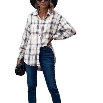 YESFASHION Ladies Casual Loose Boyfriend Plaid Shirt Tops