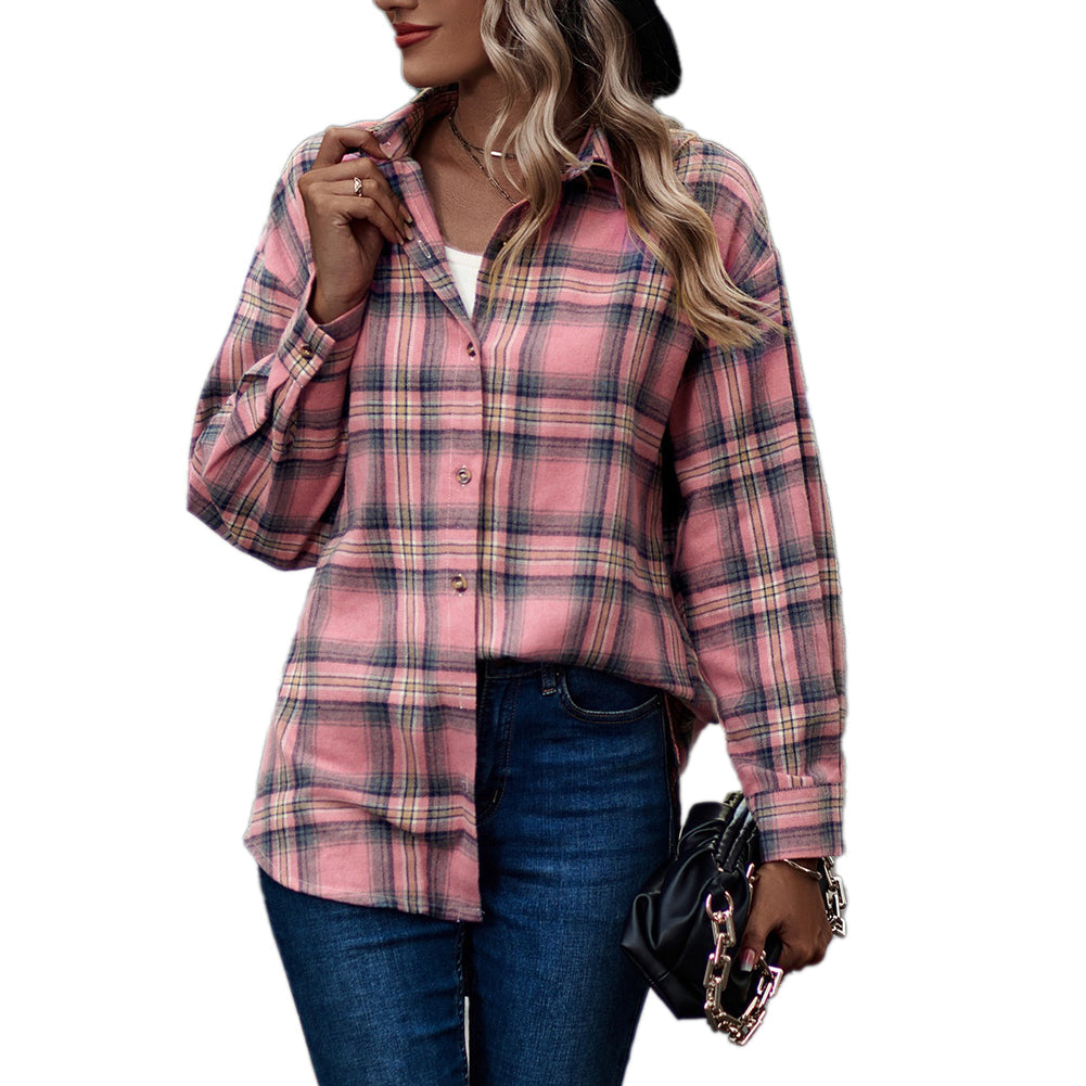 YESFASHION Ladies Casual Loose Boyfriend Plaid Shirt Tops