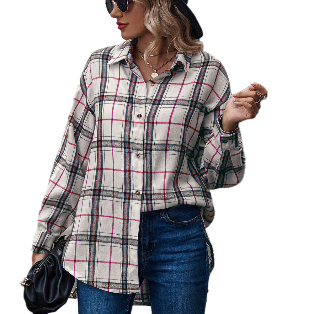 YESFASHION Ladies Casual Loose Boyfriend Plaid Shirt Tops
