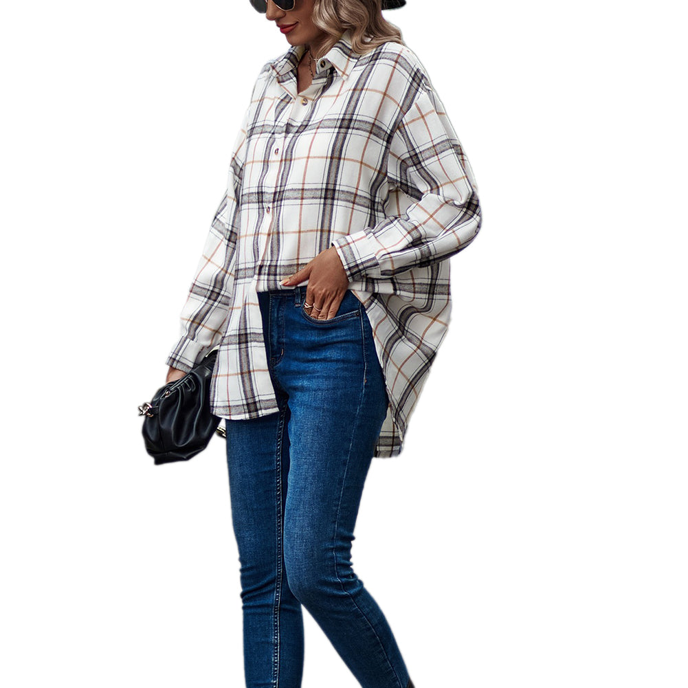 YESFASHION Ladies Casual Loose Boyfriend Plaid Shirt Tops