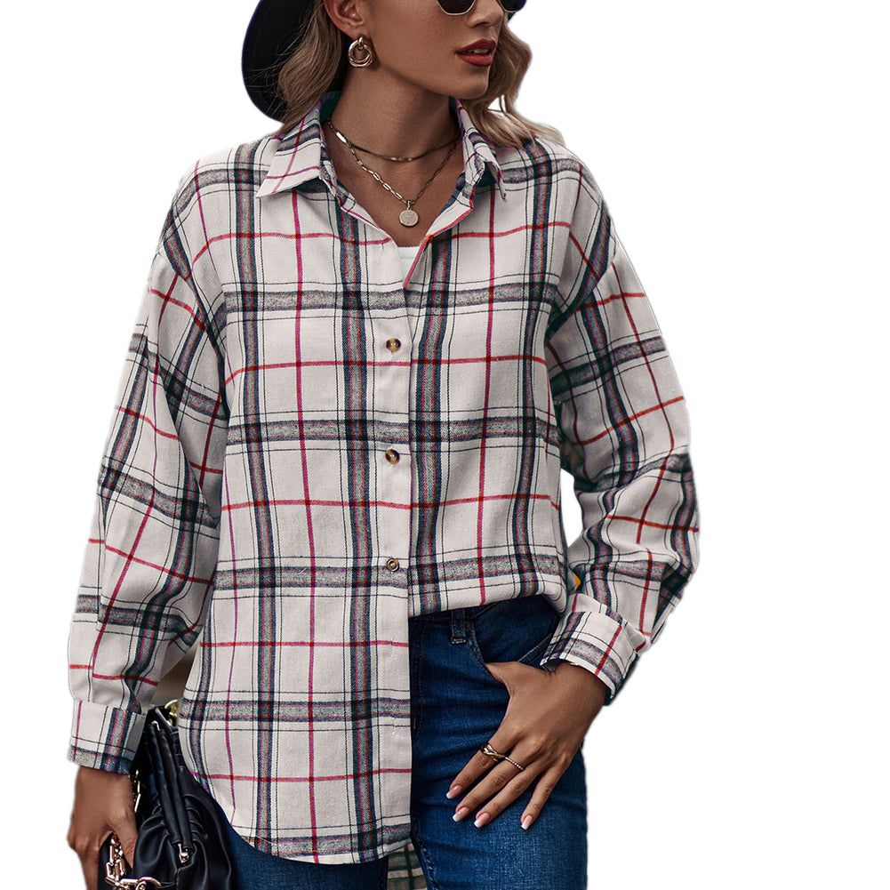 YESFASHION Ladies Casual Loose Boyfriend Plaid Shirt Tops