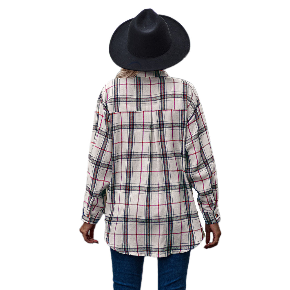 YESFASHION Ladies Casual Loose Boyfriend Plaid Shirt Tops