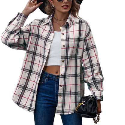 YESFASHION Ladies Casual Loose Boyfriend Plaid Shirt Tops
