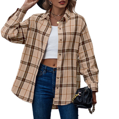 YESFASHION Ladies Casual Loose Boyfriend Plaid Shirt Tops