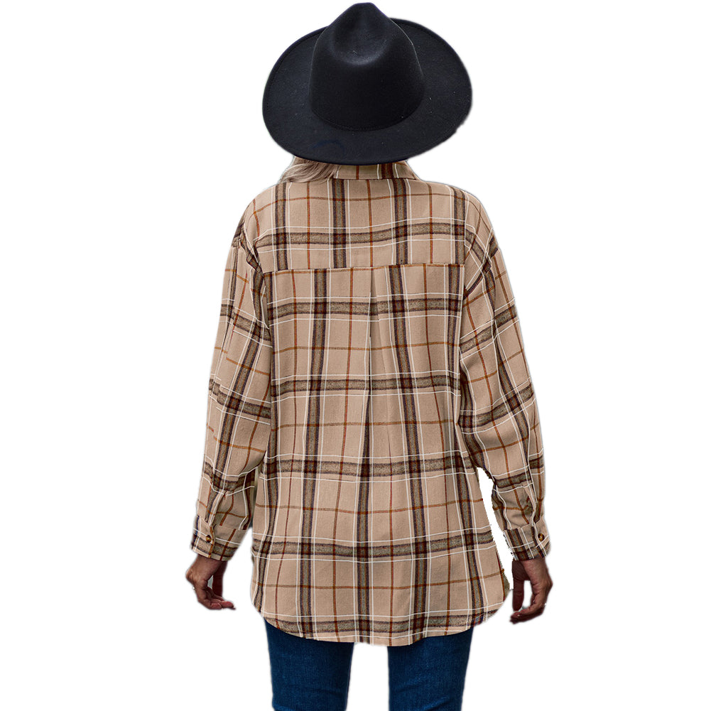 YESFASHION Ladies Casual Loose Boyfriend Plaid Shirt Tops