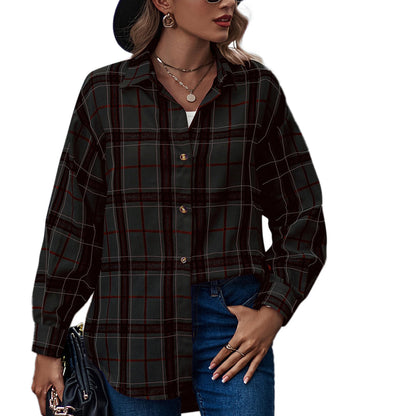 YESFASHION Ladies Casual Loose Boyfriend Plaid Shirt Tops