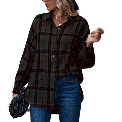 YESFASHION Ladies Casual Loose Boyfriend Plaid Shirt Tops