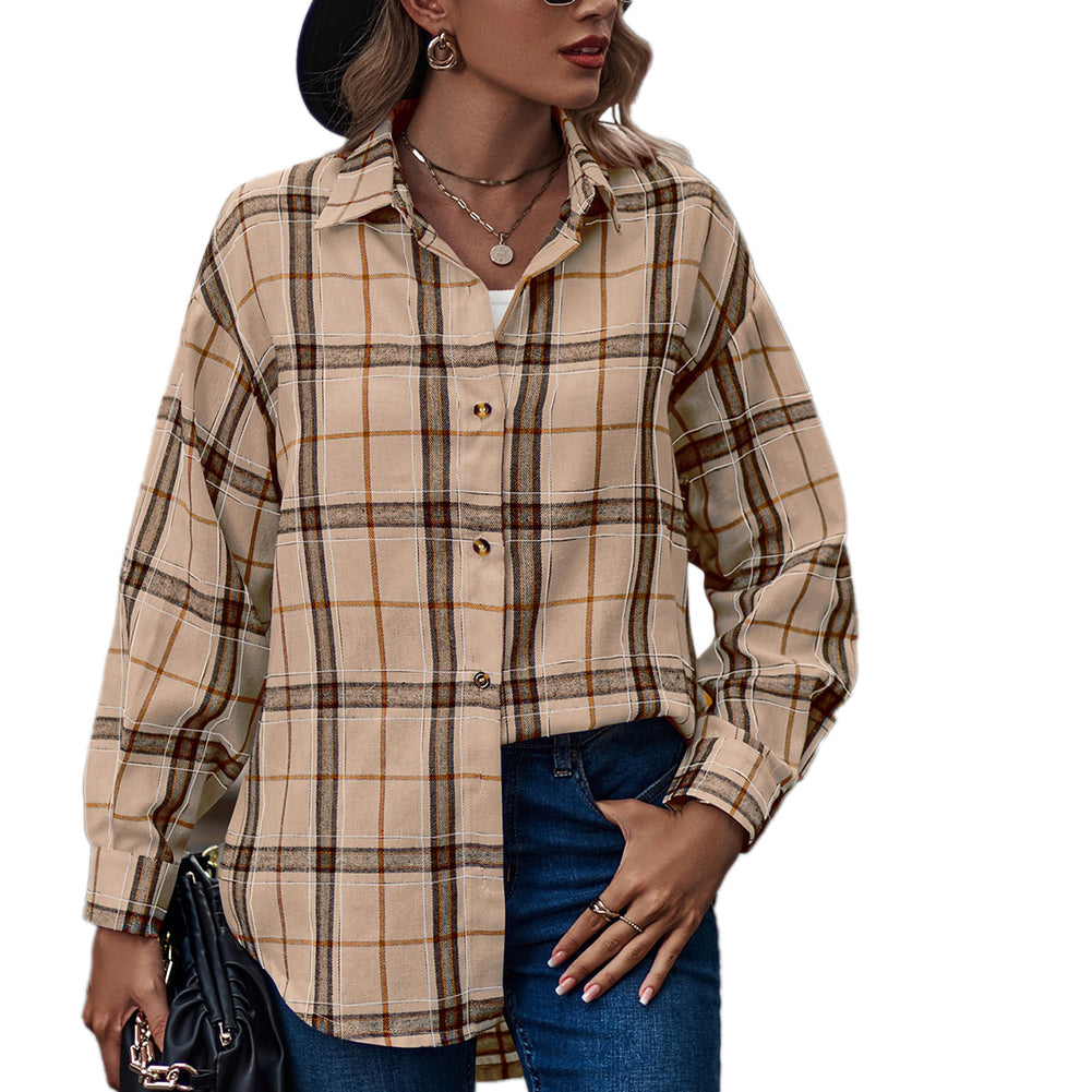 YESFASHION Ladies Casual Loose Boyfriend Plaid Shirt Tops