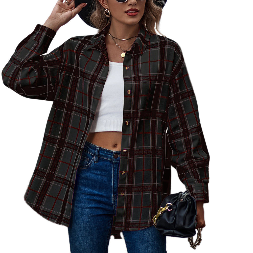 YESFASHION Ladies Casual Loose Boyfriend Plaid Shirt Tops