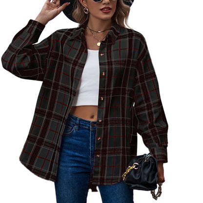 YESFASHION Ladies Casual Loose Boyfriend Plaid Shirt Tops