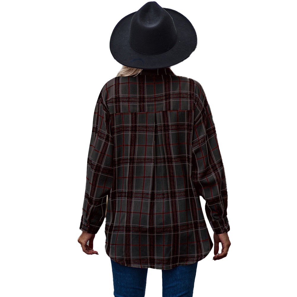 YESFASHION Ladies Casual Loose Boyfriend Plaid Shirt Tops