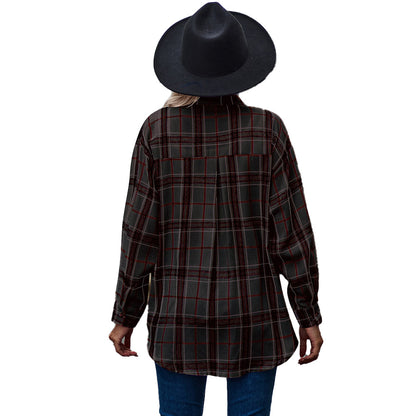 YESFASHION Ladies Casual Loose Boyfriend Plaid Shirt Tops