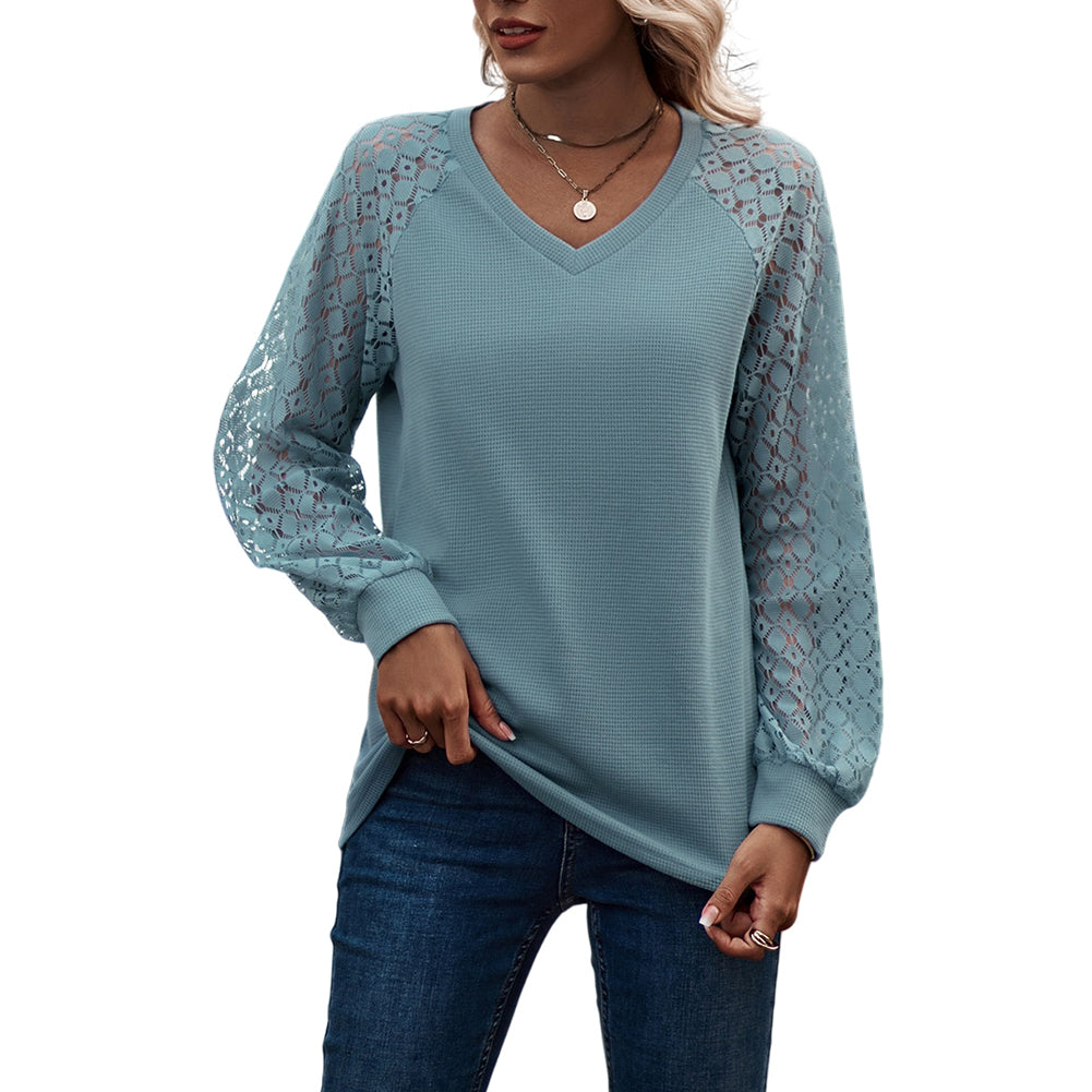 YESFASHION Waffle-grass Puff-sleeve V-neck Long-sleeve Tops