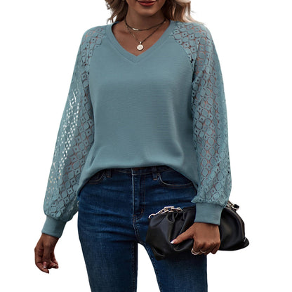YESFASHION Waffle-grass Puff-sleeve V-neck Long-sleeve Tops