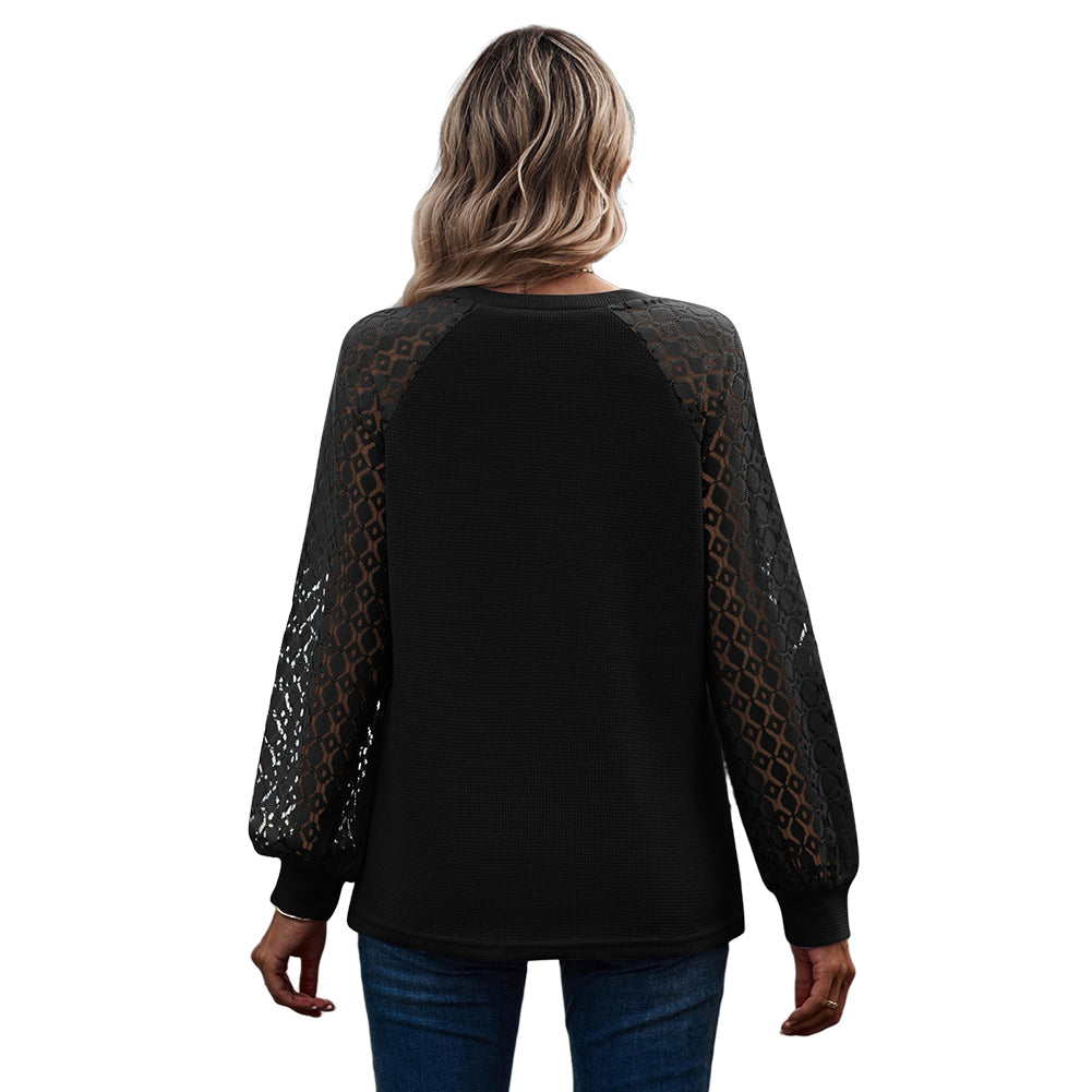 YESFASHION Waffle-grass Puff-sleeve V-neck Long-sleeve Tops