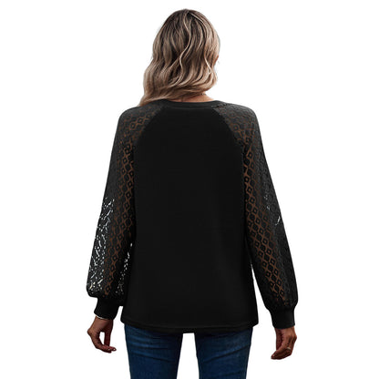 YESFASHION Waffle-grass Puff-sleeve V-neck Long-sleeve Tops