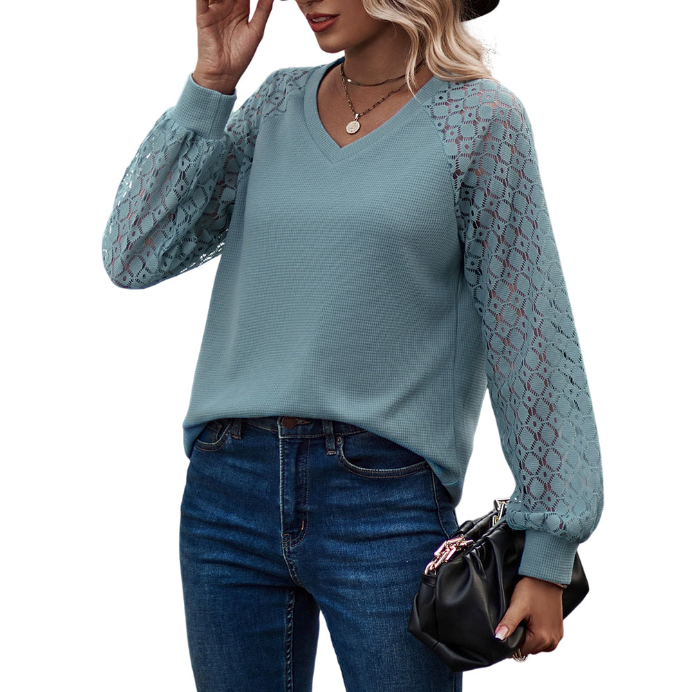 YESFASHION Waffle-grass Puff-sleeve V-neck Long-sleeve Tops