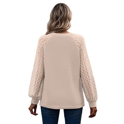 YESFASHION Waffle-grass Puff-sleeve V-neck Long-sleeve Tops