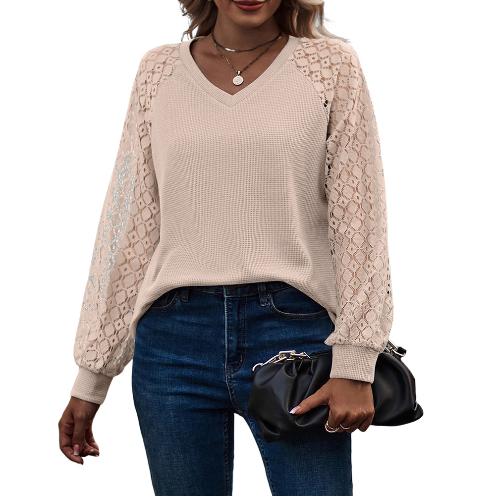 YESFASHION Waffle-grass Puff-sleeve V-neck Long-sleeve Tops