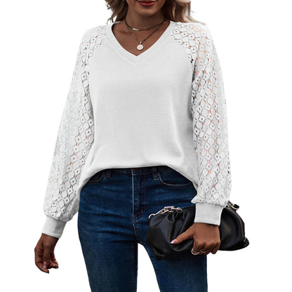 YESFASHION Waffle-grass Puff-sleeve V-neck Long-sleeve Tops