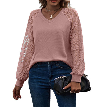 YESFASHION Waffle-grass Puff-sleeve V-neck Long-sleeve Tops