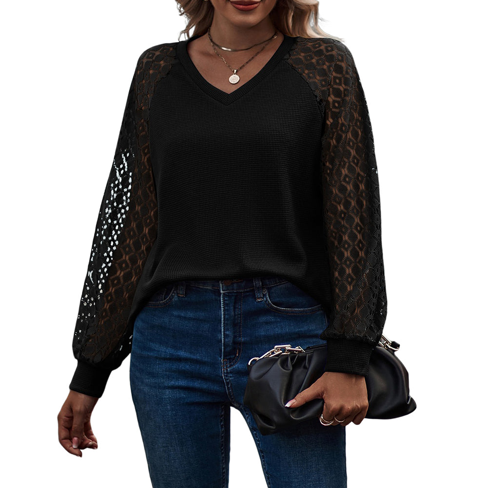 YESFASHION Waffle-grass Puff-sleeve V-neck Long-sleeve Tops