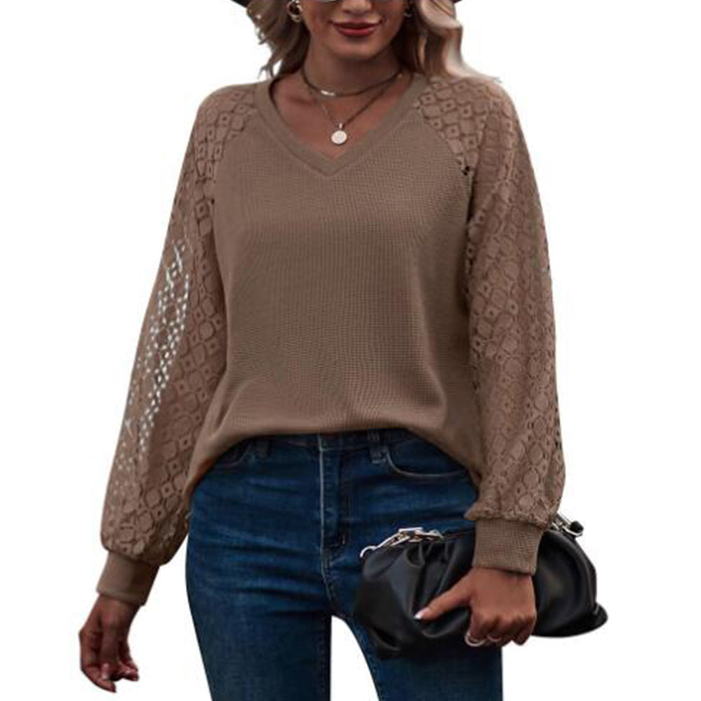 YESFASHION Waffle-grass Puff-sleeve V-neck Long-sleeve Tops