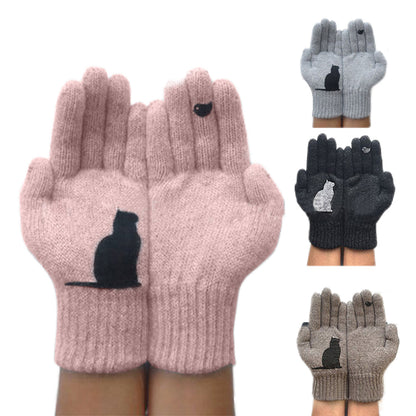 YESFASHION Tops Autumn Winter Outdoor Thick Cat Bird Print Gloves