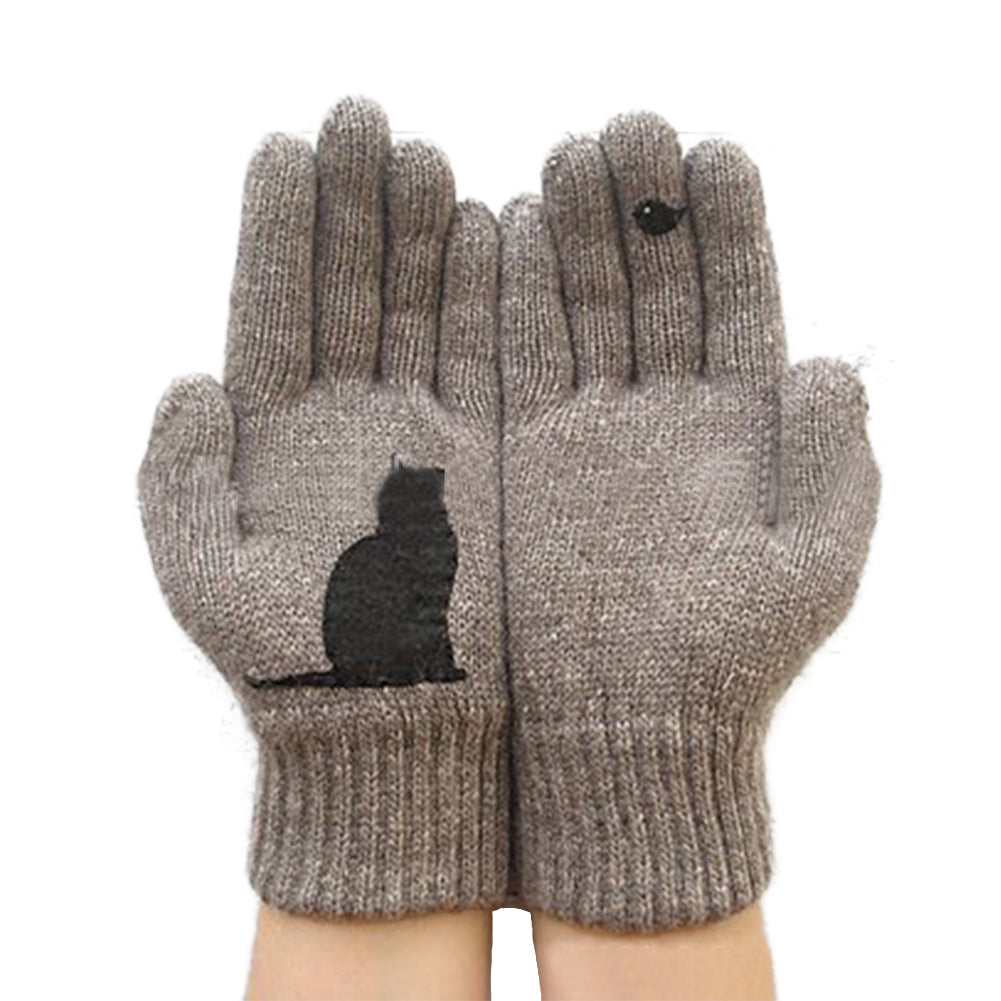 YESFASHION Tops Autumn Winter Outdoor Thick Cat Bird Print Gloves