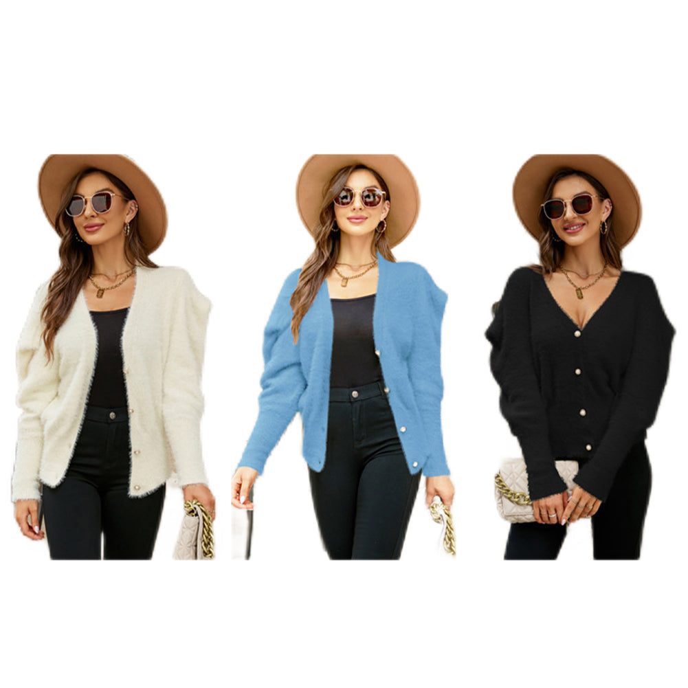 YESFASHION Solid Oversized Puff Sleeve V-neck Knit Cardigan Sweaters