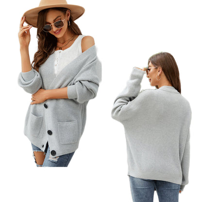 YESFASHION V-neck Coats Solid Color Outerwear Sweaters Jacket