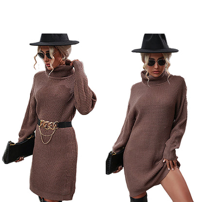 YESFASHION Fashion Long Sleeve Solid Turtleneck Dress Women