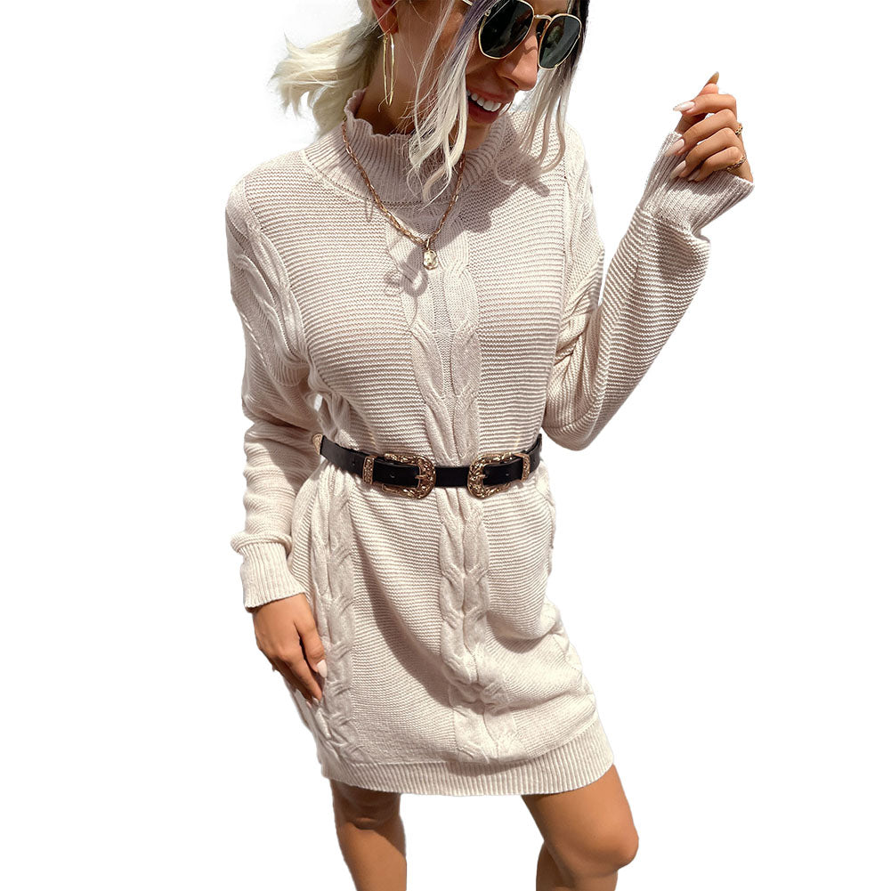YESFASHION Women Color Twist Long Sleeve Turtleneck Sweater Dress
