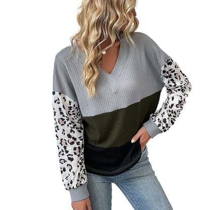 YESFASHION Casual Fashion Tops V-neck Leopard Knit Sweaters