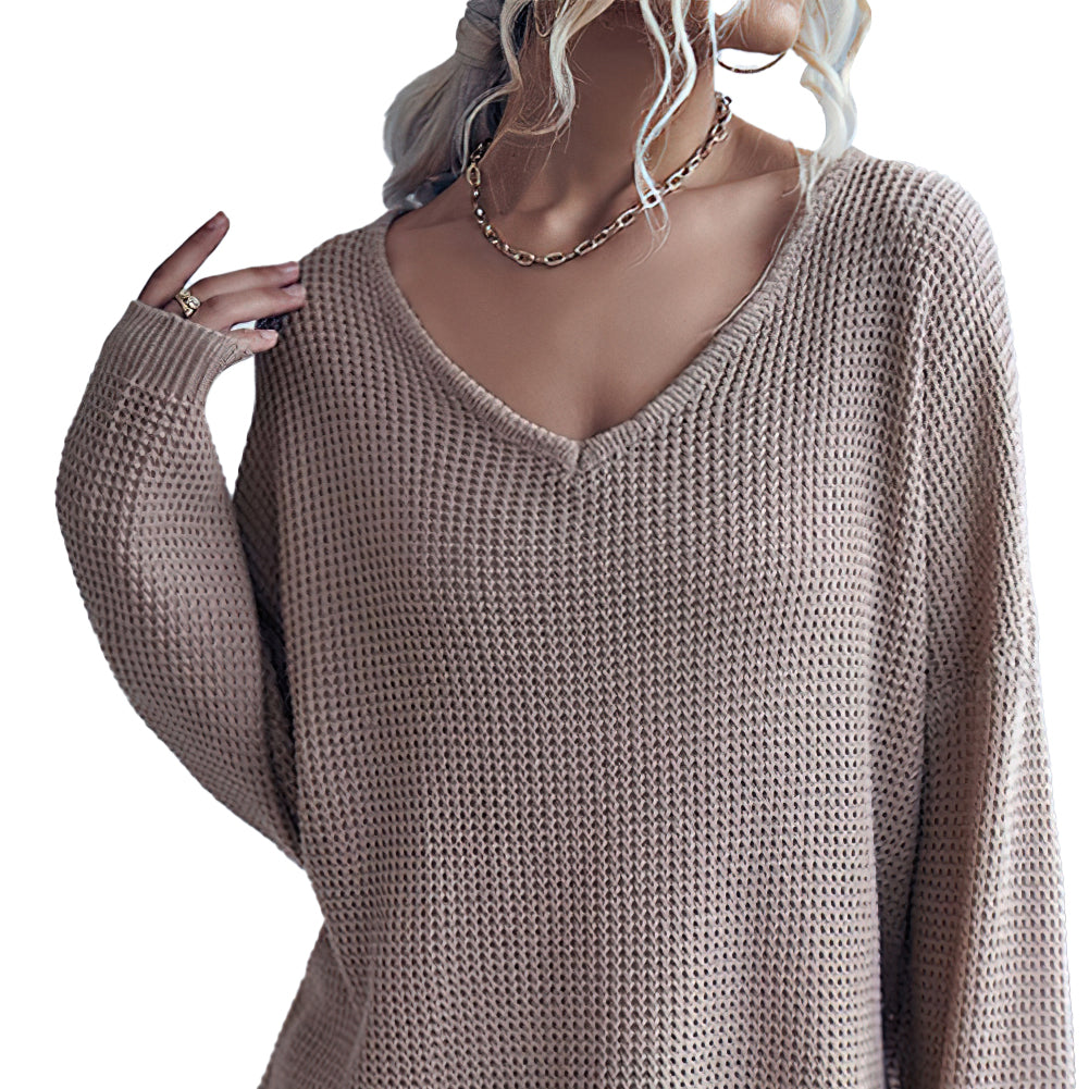 YESFASHION Casual Women Loose Long Sleeve V-neck Chunky Sweaters